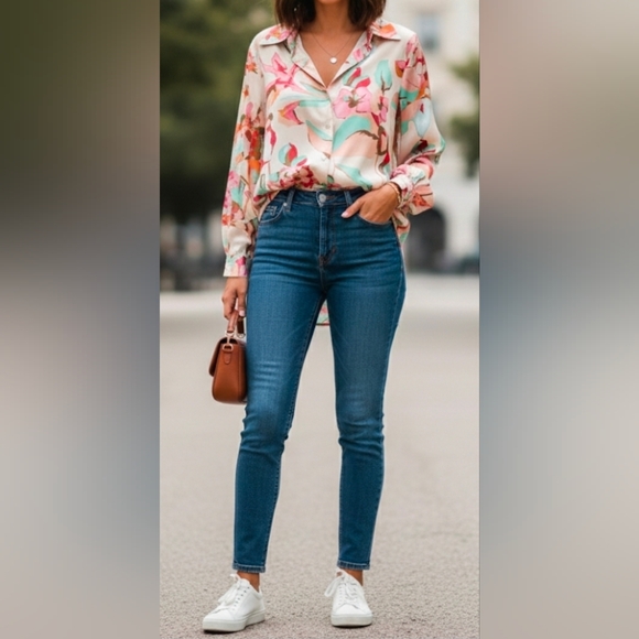 Zara Cream Pink Teal Floral Long Sleeve Button-Down Collared Blouse, Size Medium - Picture 11 of 11